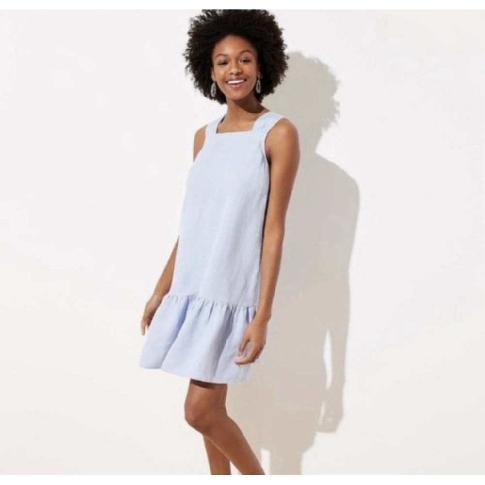 LOFT Blue Solid Square Neck Sleeveless A-Line Short Linen Blend Dress S
